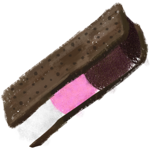 an ice cream sandwich. The image shows a rectangular bar with a layer of white, pink and brown ice cream sandwiched between two chocolate cookie wafers. The texture and shading give it a slightly rough, stylized look.